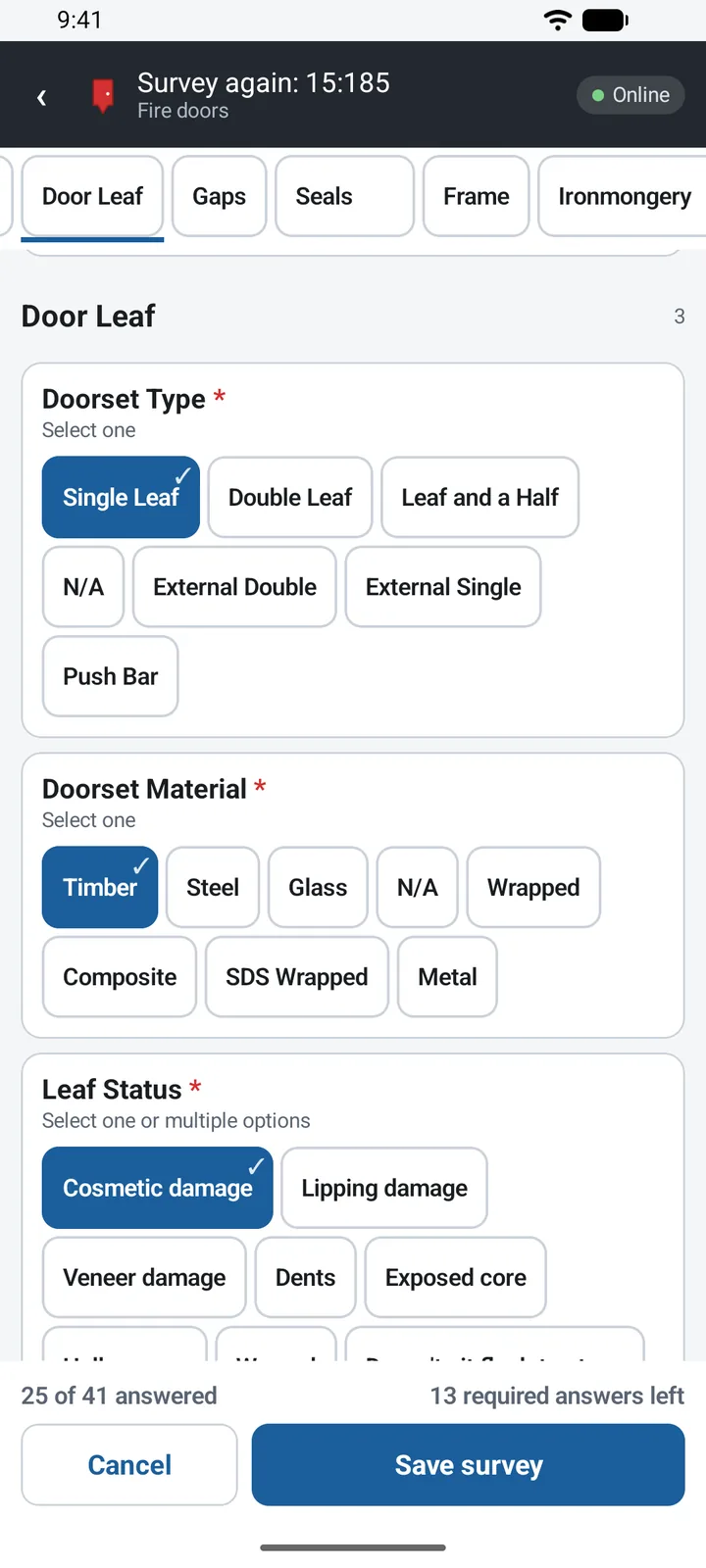 Fire-door survey form, door leaf section