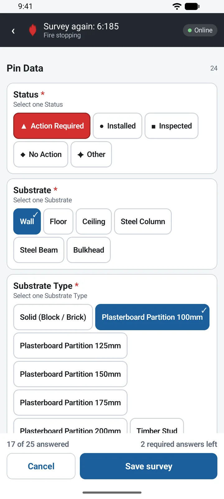 Fire-stopping survey form on a phone