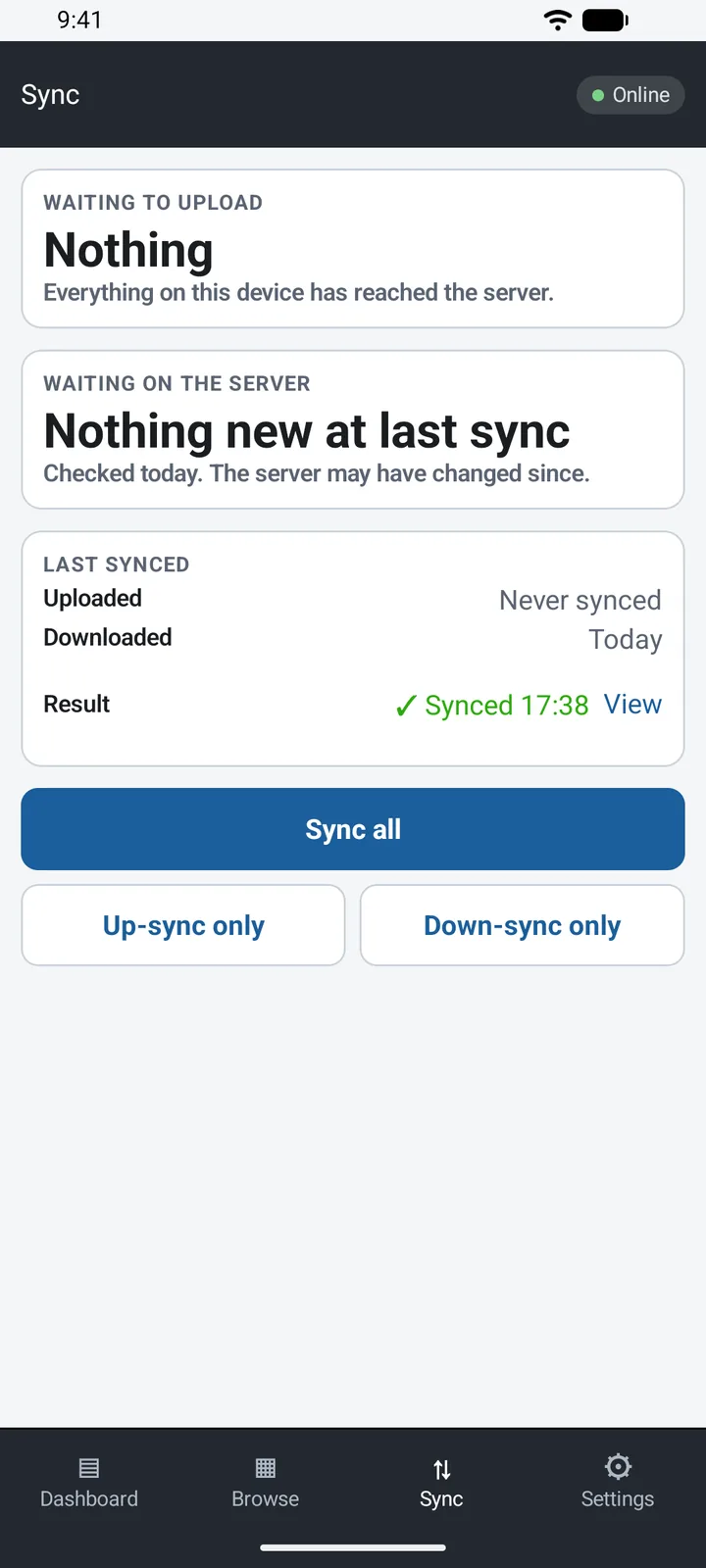 Sync screen on a phone showing what was sent and received