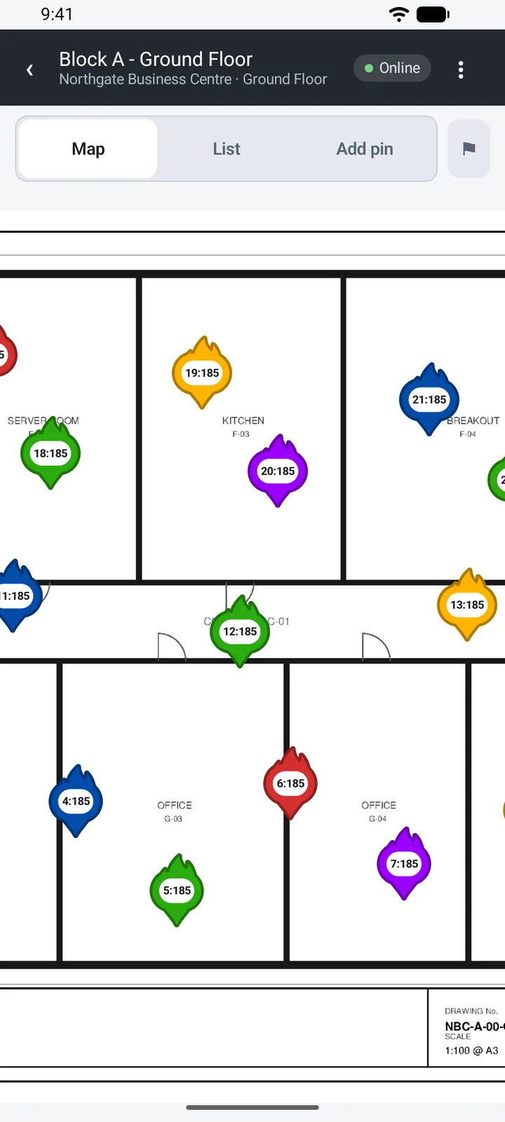 Drawing viewer on a phone with numbered, status-coloured pins