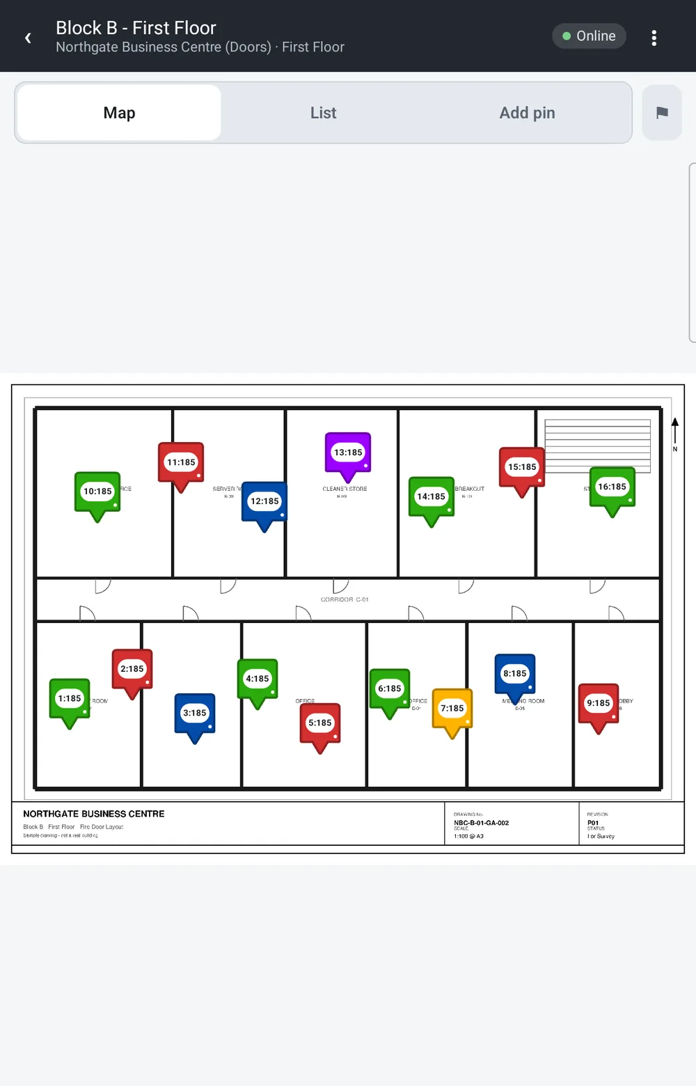 Fire-door drawing on a tablet with status-coloured pins