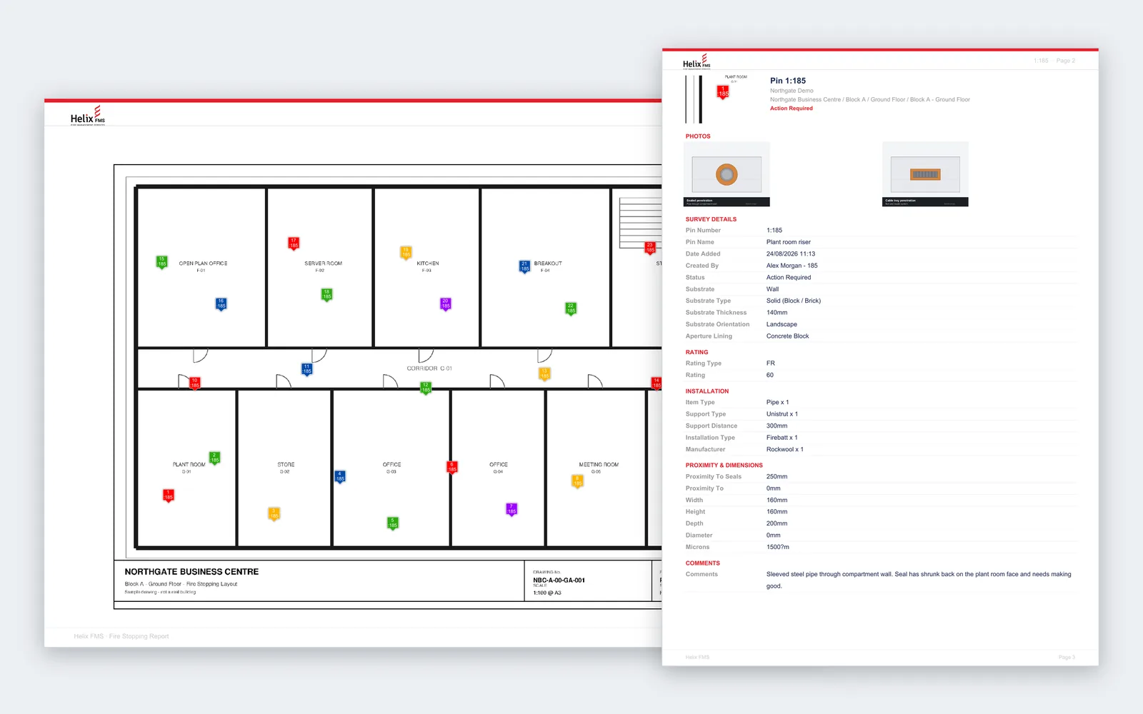 PDF report: floor plan with numbered pins and a pin detail page with photos