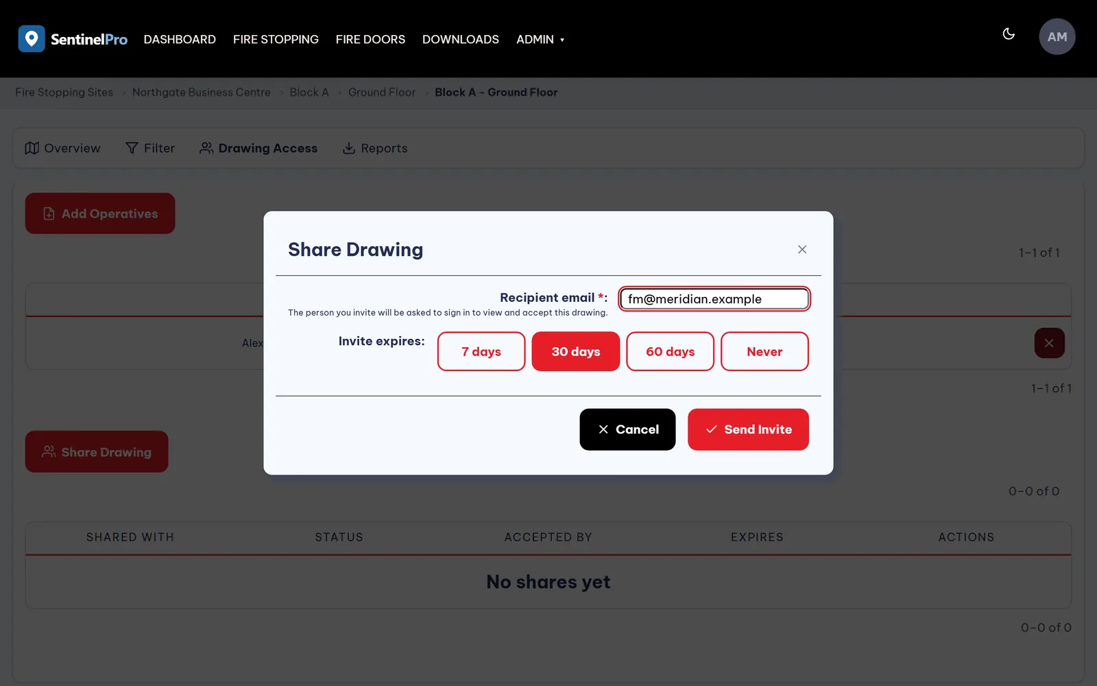 Shared access settings for a drawing on the web platform